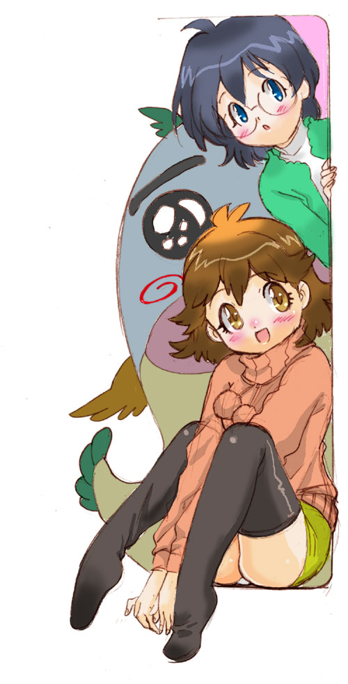 00s, 2girls, black_hair, blue_eyes, blush, brown_eyes, brown_hair, glasses, monster, multiple_girls, nishida_asako, onodera_hitomi, shichinin_no_nana, suzuki_nana, thigh-highs