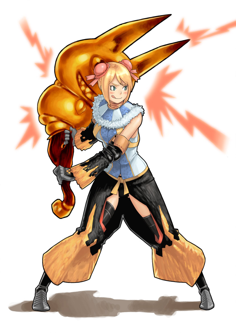1girl, 23_(real_xxiii), :p, :q, blango_(armor), blonde_hair, blush, bun_cover