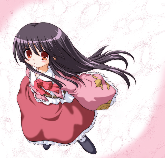 1girl, black_hair, bow, bowtie, dress, female, floating_hair, from_above