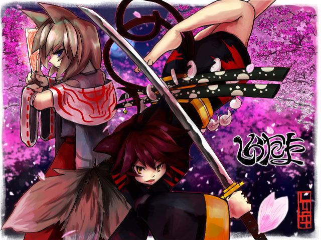 animal_ears, cat_ears, cat_tail, fox_ears, japanese_clothes, luft, original, sword