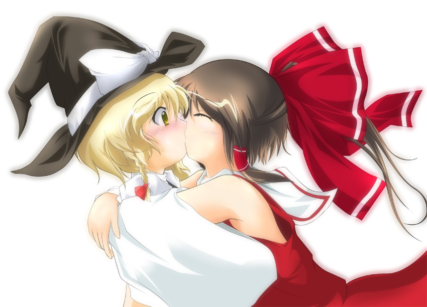 bare_shoulders, blonde_hair, blush, bow, braid, brown_hair, detached_sleeves, hair_ribbon