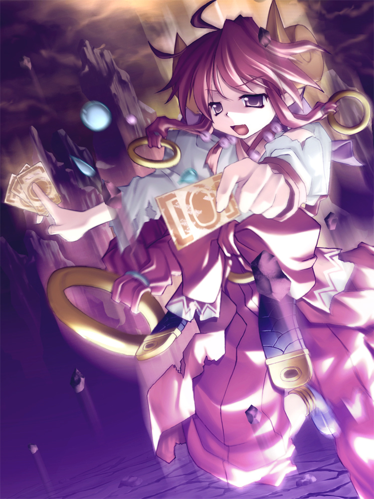 1girl, hakama, horns, ichio, japanese_clothes, jewelry, magic, miko, open_mouth, pink_bloom_miyabi, pink_eyes, pink_hair, red_hakama, ring, shinrabanshou, solo, tarot