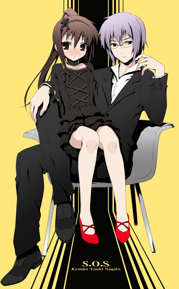1boy, 1girl, black_dress, blush, character_name, choker, dress, genderswap