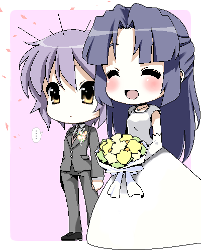 asakura_ryouko, blue_eyes, blue_hair, blush, bouquet, bride, chibi, dress, flower, formal, lavender_hair, long_hair, lowres, marriage, maskman, multiple_girls, nagato_yuki, oekaki, pant_suit, short_hair, suit, suzumiya_haruhi_no_yuuutsu, tuxedo, wedding, wedding_dress, yuri