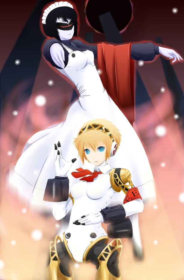 2girls, aegis, aegis_(persona), android, atlus, bad_id, blonde_hair, blue_eyes