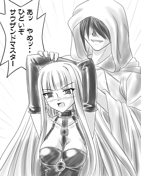 1boy, 1girl, evangeline_a_k_mcdowell, mahou_sensei_negima!, masakichi_(crossroad), monochrome, nagi_springfield, translated