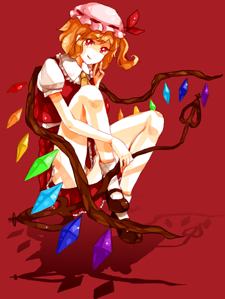 1girl, bad_id, blonde_hair, dada, dada_(dolce), female, flandre_scarlet, floating, laevatein, rainbow_order, red_background, red_eyes, shadow, solo, touhou, wings