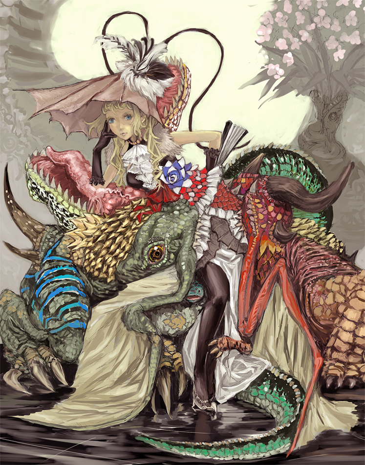 1girl, dragon, dress, head_rest, looking_at_viewer, monster_girl, nash, nash_(gyafun), original, solo, surreal