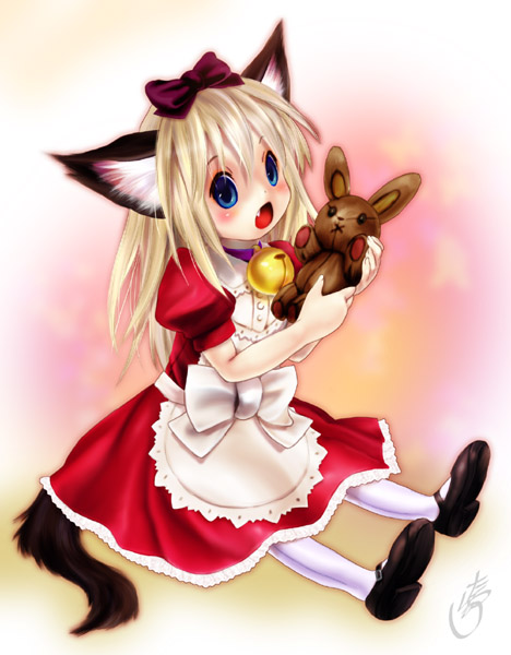 1girl, animal_ears, bell, blonde_hair, blue_eyes, fang, hair_ribbon, long_hair