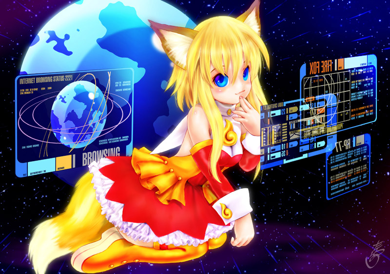 1girl, animal_ears, blonde_hair, blue_eyes, boots, firefox, lcars, os-tan, personification, solo, star_trek, tail, tashiro_yuu