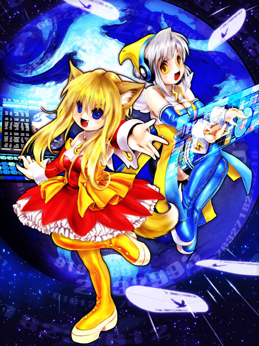 2girls, animal_ears, blonde_hair, blue_eyes, fang, firefox, lcars, long_hair