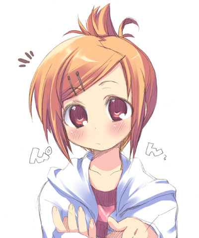 1girl, :/, blush, brown_hair, collarbone, folded_ponytail, hair_ornament, hairclip