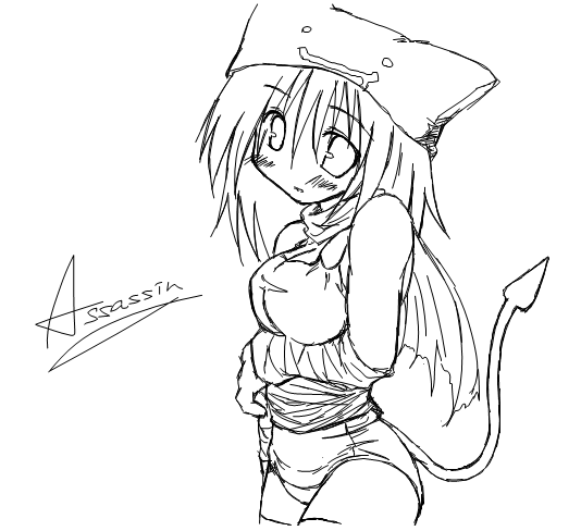 assassin, assassin_(ragnarok_online), deviruchi_hat, hat, kaminagi_(kaminagi-tei), monochrome, ragnarok_online, tail