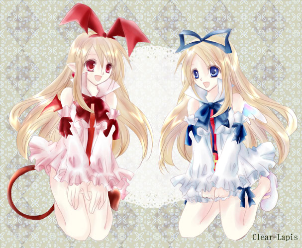 angel, angel_wings, animal_ears, bat_wings, blonde_hair, blue_eyes, clear-lapis, demon_wings, detached_sleeves, disgaea, dress, dual_persona, fallen_angel, flonne, flonne_(fallen_angel), long_hair, makai_senki_disgaea_2, nippon_ichi, pointy_ears, rabbit_ears, red_eyes, tail, time_paradox, wings