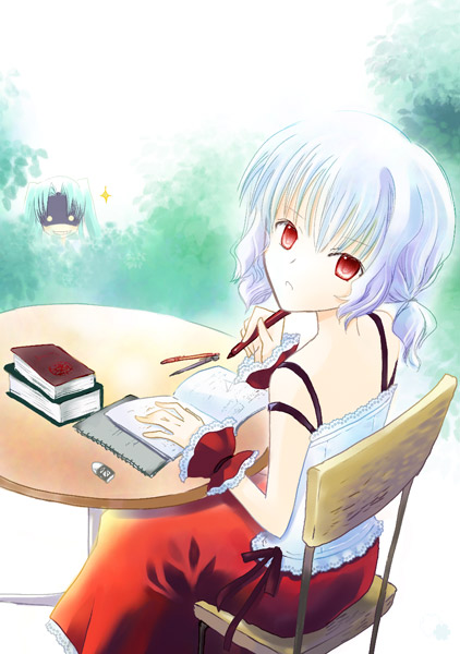 1girl, book, camisole, red_eyes, shima_yukiwa, silver_hair, sitting, solo