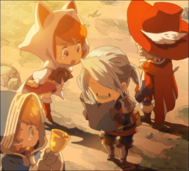 1girl, 3boys, animal_ears, animal_hood, arc_(ff3), bad_id, bell, cat_ears