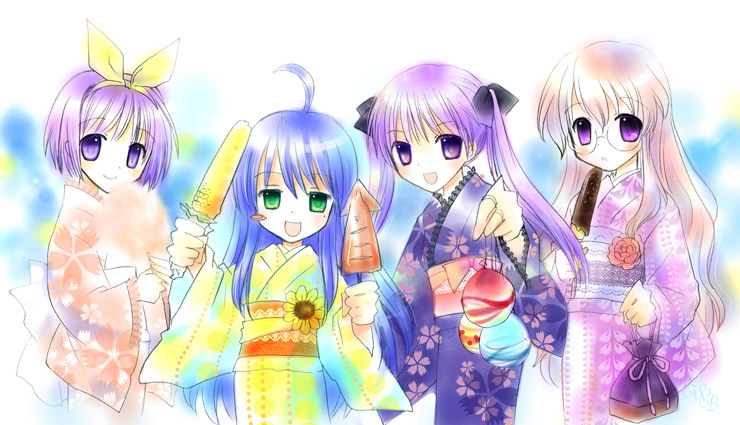 4girls, :d, ahoge, blonde_hair, blue_hair, blush, chocolate_banana, floral_print