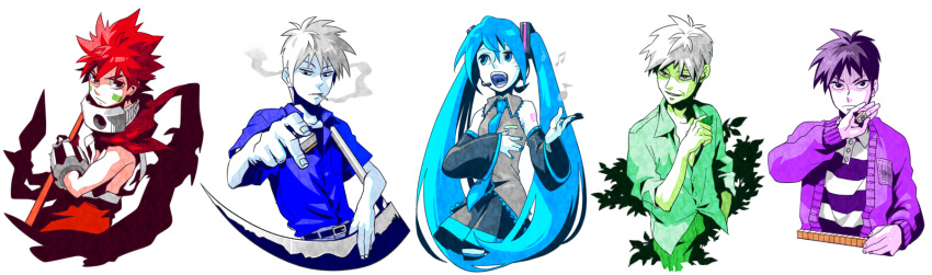 1girl, 4boys, 90s, akagi, akagi_shigeru, aqua_hair, crossover, hatsune_miku
