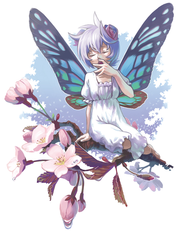 butterfly_wings, fairy, flower, original, purple_hair, wings, yawning, yukihiko