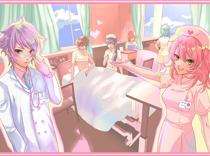 ask, bed, black_hair, bring_stabity, doctor, glasses, gundam, gundam_00, hilling_care, hospital, hospital_bed, innovator, innovators, marina_ismail, nena_trinity, nurse, pink_hair, revive_revival, setsuna_f_seiei, yellow_eyes