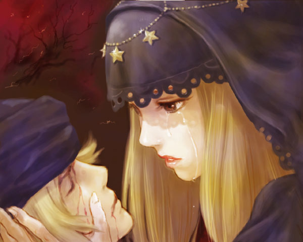1boy, 1girl, blonde_hair, blood, brown_eyes, edih, hi-ed, ingway_(odin_sphere)