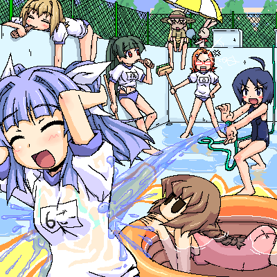 arms_up, ass, barefoot, bottle, broom, buruma, chainlink_fence, drinking