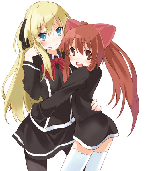 2girls, :d, aloe, aloe_(quiz_magic_academy), animal_ears, black_dress, blue_eyes, blush
