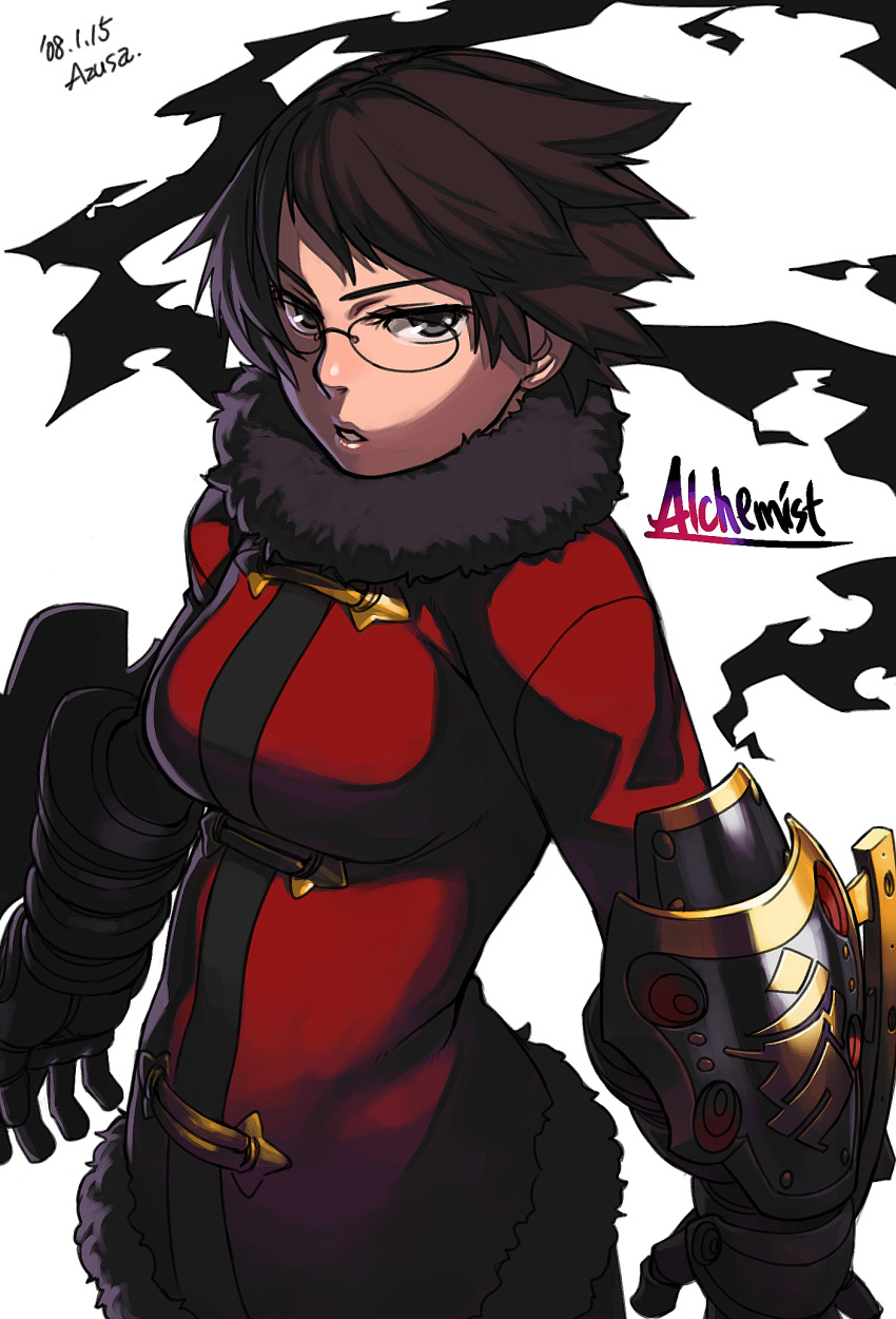 1girl, alchemist_(sekaiju), atlus, azusa, azusa_(hws), blue_eyes, brown_hair, glasses, highres, sekaiju_no_meikyuu, short_hair, solo