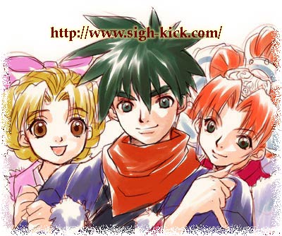 1boy, 2girls, blonde_hair, brown_eyes, elena_(grandia), game_arts, grandia, grandia_ii