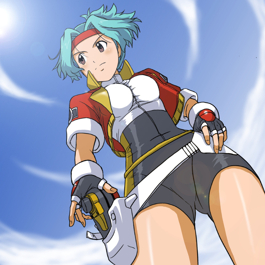 00s, 1girl, belt, blue_hair, breasts, brown_eyes, capture_styler, fingerless_gloves