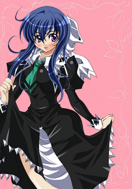 1girl, ahoge, blue_hair, blush, dress, dress_lift, hair_ribbon, leaf, long_hair, mura_(mapisha), necktie, ribbon, school_uniform, serafuku, solo, strawberry_panic!, suzumi_tamao, violet_eyes