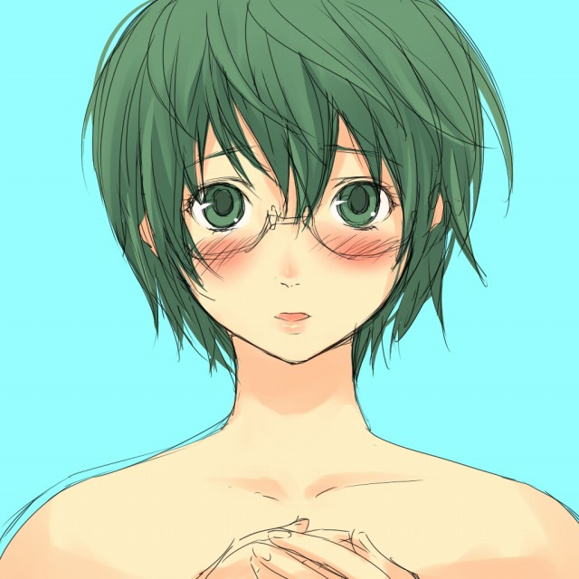 1girl, bare_shoulders, blush, glasses, green_eyes, green_hair, hatsukoi_limited, mosha