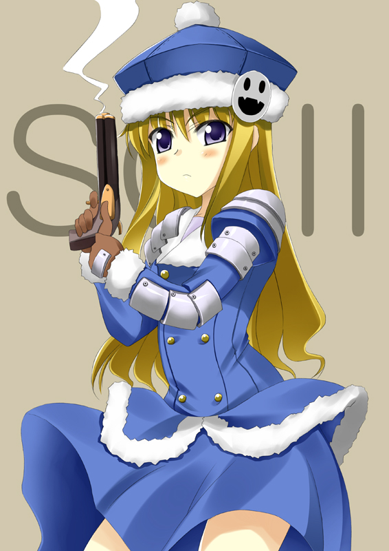 1girl, atlus, beige_background, blue_dress, blue_eyes, brown_gloves, buttons, contrapposto