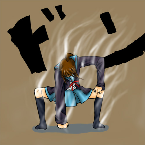 1girl, beira, brown_background, cardigan, gear_second, genderswap, kyon, kyonko