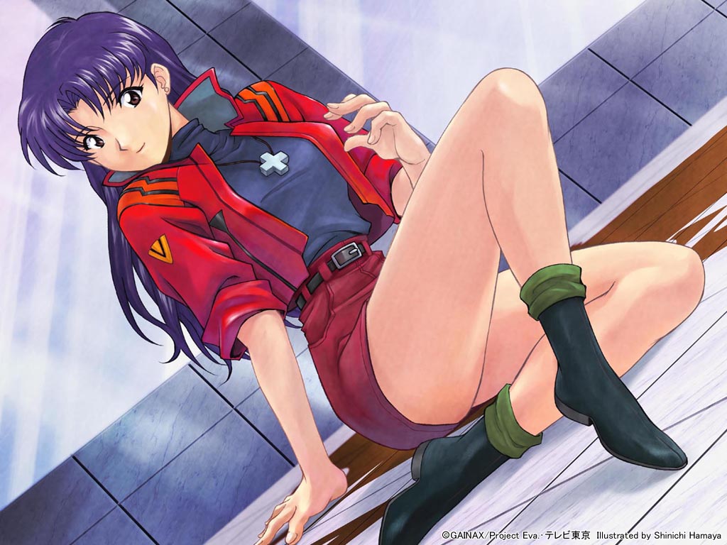 brown_eyes, dutch_angle, hamaya_shin'ichi, hamaya_shinichi, jacket, katsuragi_misato, long_hair, neon_genesis_evangelion
