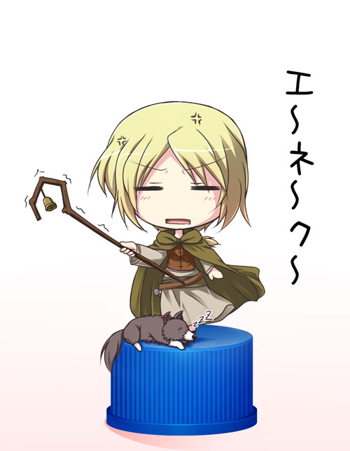 bottle_cap, chibi, enekk, nora_arento, pixiv_bottlecap, shepherd, shepherd's_crook, spice_and_wolf