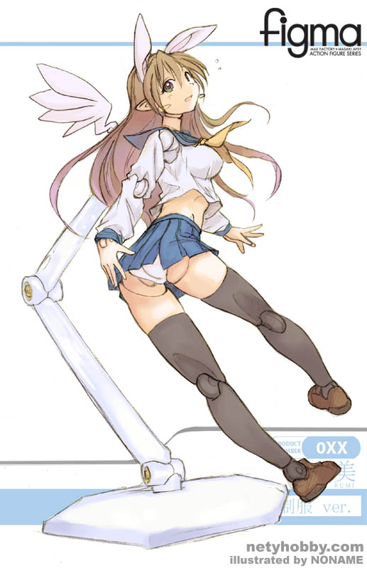 1girl, animal_ears, black_legwear, brown_hair, doll, doll_joints, extra_ears, figma, green_eyes, loafers, long_hair, looking_back, midriff, noname_(nowhere), original, panties, pantyshot, pointy_ears, rabbit_ears, rumi, rumi_(netyhobby), school_uniform, serafuku, shoes, skirt, thigh-highs, underwear, upskirt, white_panties, wings