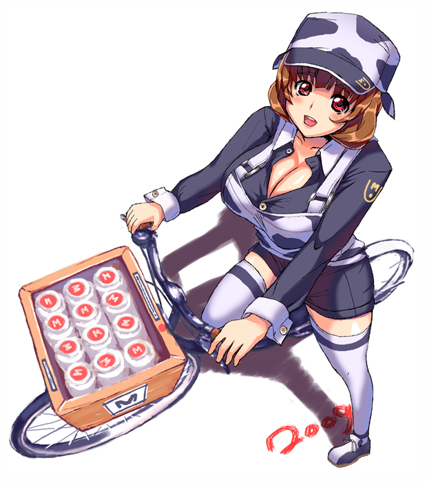 bad_id, bicycle, bottle, breasts, brown_hair, cleavage, cow_print, hat, huge_breasts, konoma, milk_bottle, milk_delivery, new_year, red_eyes, thigh-highs, thighhighs, white_legwear, white_thighhighs