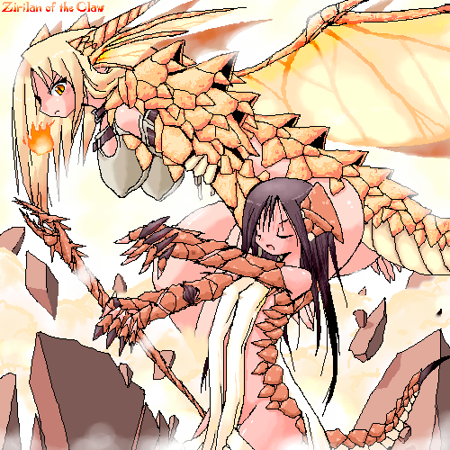 2girls, aliasing, asterisk_storage, bangs, black_hair, blonde_hair, bottomless, breasts, character_name, closed_eyes, dragon_girl, dragon_wings, erect_nipples, fire, flat_chest, hanging_breasts, horns, large_breasts, long_hair, lowres, magic:_the_gathering, monster_girl, multiple_girls, oekaki, orange_eyes, personification, staff, tail, wings, yellow_eyes, yone88, yonezuka_ryou, zirilan_of_the_claw