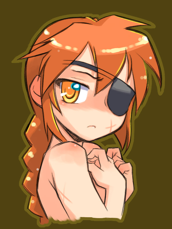 blush, braid, brown_hair, eyepatch, lhq, nakamura_tetsuya, saitou_chiharu, scar