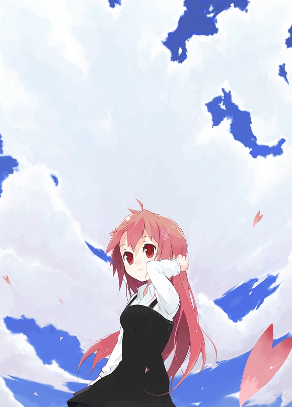 1girl, black_dress, clouds, cloudy_sky, dress, long_hair, long_sleeves, looking_at_viewer