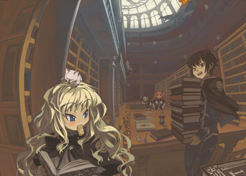 1boy, 3girls, animal, animal_on_head, bad_id, blonde_hair, blue_eyes, cat