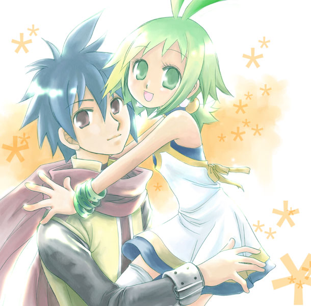 1boy, 1girl, antenna_hair, ash_(phantom_brave), bare_shoulders, blue_hair, bracelet, brown_eyes