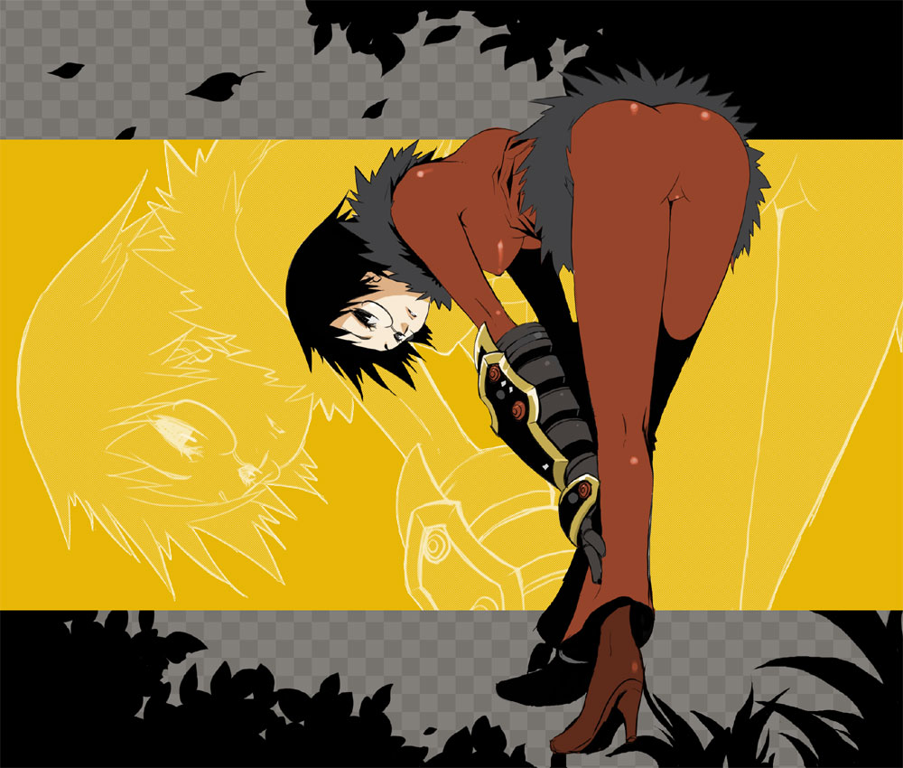 alchemist_(sekaiju), ass, atlus, bent_over, black_hair, gin_(oyoyo), glasses, high_heels