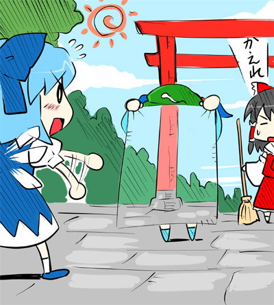 3girls, cirno, female, hakurei_reimu, kawashiro_nitori, lowres, multiple_girls, sakumo