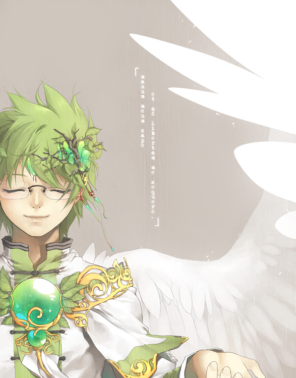 1boy, androgynous, black_bird, blackbird_(shilin), carciphona, fantasy, glasses, green_hair