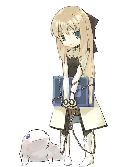 1girl, blonde_hair, blue_eyes, book, boots, chains, cyril, cyrill
