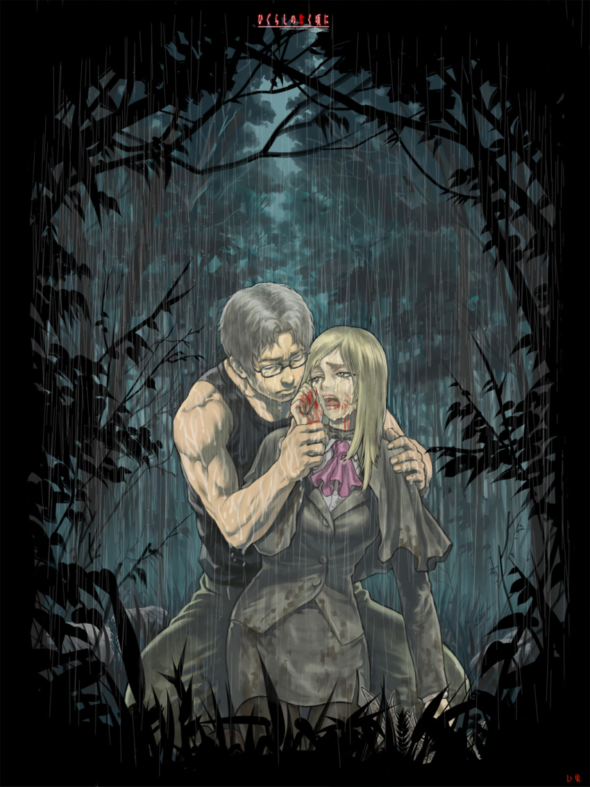 1boy, 1girl, blonde_hair, blood, brown_hair, cape, diolemonde, forest