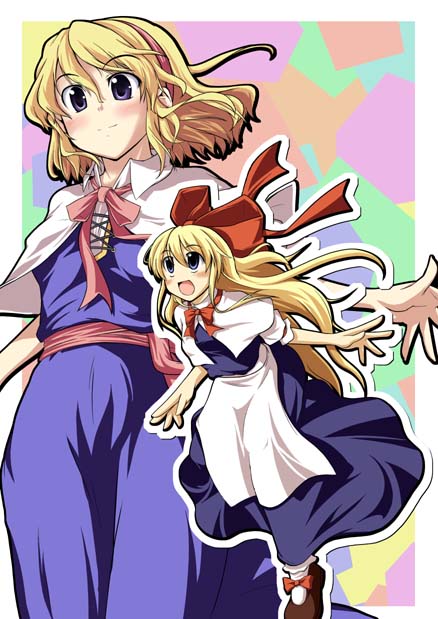 2girls, alice_margatroid, apron, blonde_hair, blue_eyes, blush, bow, capelet, doll, dress, est_(kinkyuu_kaihi), female, hair_bow, hairband, long_hair, long_skirt, multiple_girls, sash, shanghai_doll, short_hair, skirt, smile, touhou, waist_apron