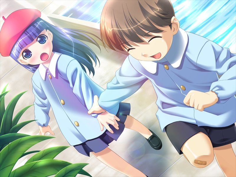 1boy, 1girl, :o, bandaid, bandaid_on_knee, beret, blue_eyes, blue_hair